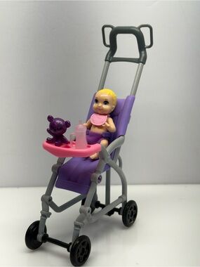 Barbie Skipper Babysitter purple stroller with baby doll ,teddy bear and bottle